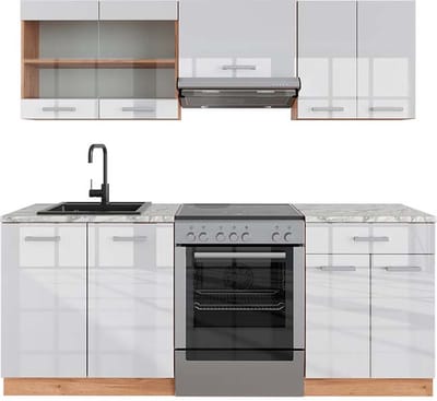 Vicco R-Line Complete keukeneenheid – 200 cm, WB Marmer Wit hoogglans/goud power eiken