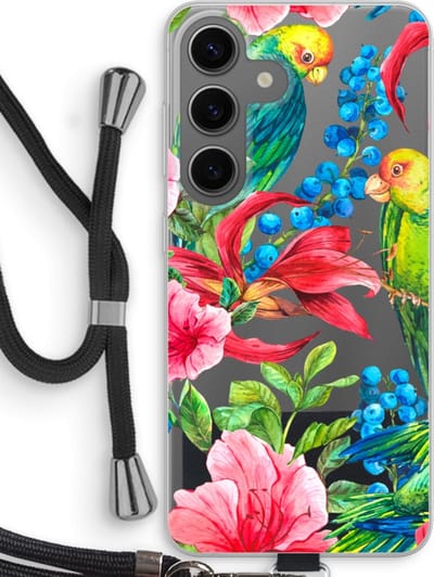 Case Company® - Hoesje met koord geschikt voor Samsung Galaxy S24 hoesje met Koord - Papegaaien - Telefoonhoesje met Zwart Koord - Bescherming aan alle Kanten en Over de Schermrand