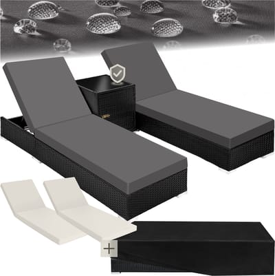 tectake® - 2 Luxe ligbedden - 3-Delige wicker ligbedden set met aluminium frame - Tuinmeubelset met 2 ligbedden - Inclusief bijzettafel, kussens en 2 hoezensets - 5-standen tuinstoel - Zwart