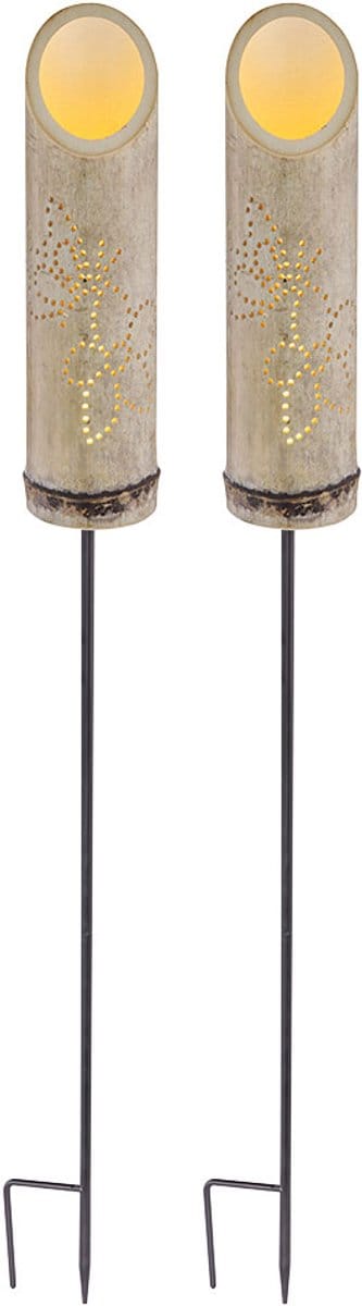 Steeklamp bamboe solarlamp grondspies solar, decoratieve geponste gaatjes, groen, LED warm wit, DxH 12x79,5 cm, set van 2