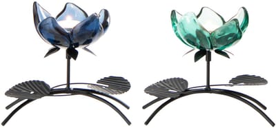 J-Line theelichthouder Bloem - glas - groen/blauw - medium - set van 2