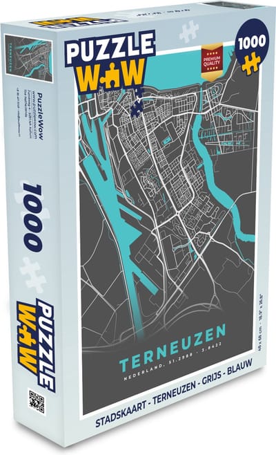 Puzzel Stadskaart - Terneuzen - Grijs - Blauw - Legpuzzel - Puzzel 1000 stukjes volwassenen - Plattegrond