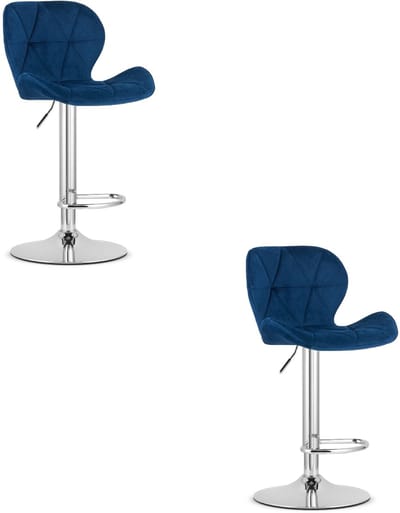 Set van 2 Barkrukken WEST – Velvet Donkerblauw, Chromen Basis, Rugleuning, Verstelbare Hoogte, 360° Draaibaar, Comfortabele Voetsteun, Antislip Onderstel, Modern Design, Max. 110 kg