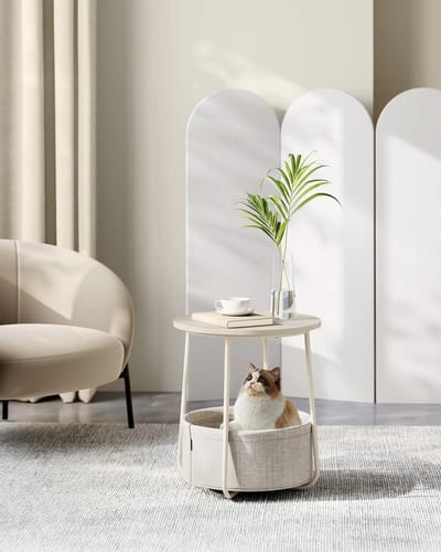 uJOY Bijzettafel - Praktische opbergmand - Compact en ruimtebesparend - Crème wit - Verstelbare voetjes - Moderne uitstraling