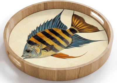 Dienblad rond 40x40 cm - Schootdienblad hout - Vis - Tropisch - Strepen - Vinnen - Borrelplank rechthoek - Plateau houten dienbladen