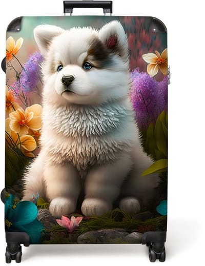 NoBoringSuitcases.com® - Koffer groot - Reiskoffer lichtgewicht - Puppy - Bloemen - Planten - Natuur - Husky - Rolkoffer met 4 wielen - Grote trolley XL - 98 liter bagage