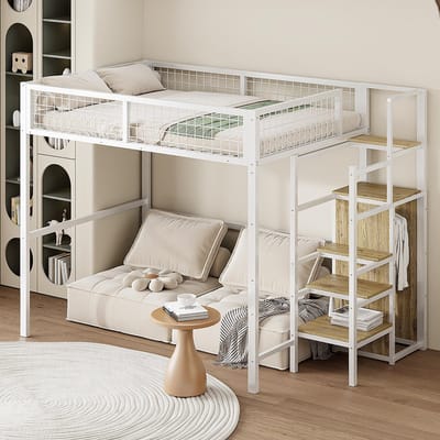 Mezzaninebed 140x200 cm met ladder dubbel kinderbed met ijzeren frame en opberg plank kast wit