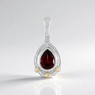 Cavill - Hanger Zilver en 14K Geelgoud - Mozambique Granaat 1,04 ct Druppel 925 Sterling - Luxe Granulering en Zirkoon Rond 0,02 ct - Elegant Sieraad