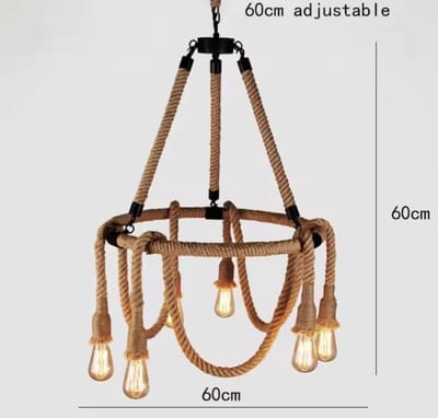 Handgemaakte Industriële Touw Hanglamp - 6-Lichts Kroonluchter - Natuurlijk Manilla Touw & Zwart Metaal - Ø 60 cm - Verstelbare Hoogte - Exclusief Lampen