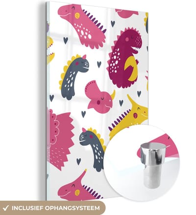 MuchoWow® Glasschilderij 100x150 cm - Schilderij acrylglas - Dino - Patronen - Kind - Roze - Meisjes - Foto op glas - Schilderijen