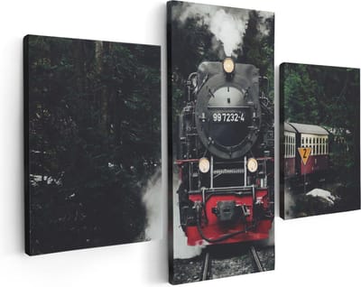 Artaza Canvas Schilderij Drieluik Locomotief in de Bossen met Stoom Wolken  - 90x60 - Foto Op Canvas - Canvas Print