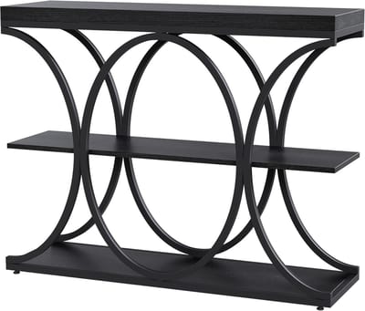 Halmeubel, 99 cm consoletafel met 3 opbergniveaus, halfmaanvormige metalen constructie, bijzettafel, afmetingen 100 (lengte) x 30 (breedte) x 80 (hoogte) cm, zwart