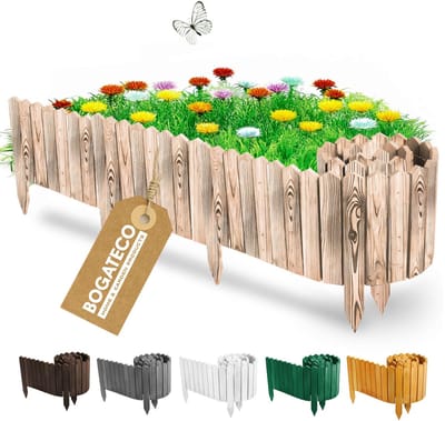 BOGATECO | Houten schutting voor randen | Houten strips | Rolhek 10 cm hoog x 200 cm lang | Houten hek | Palissadehek Ideaal als border of pad | Taankleurig