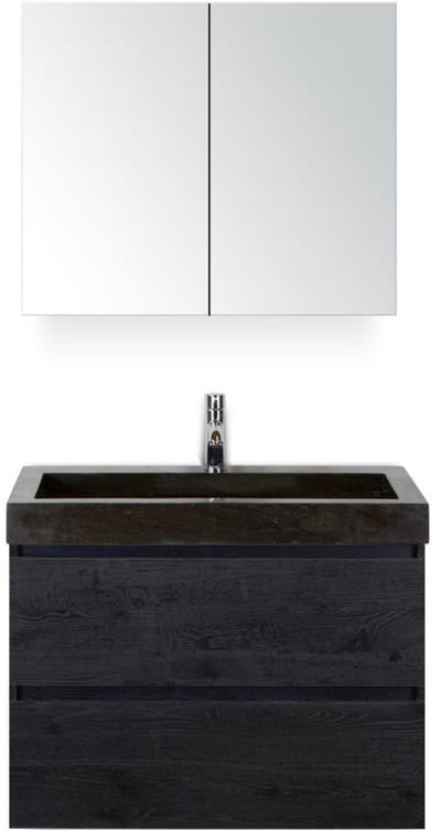 Maxx XL Badmeubelset 80 cm - Black Oak - Wastafel Lucca 1 Kraangat met Spiegelkast