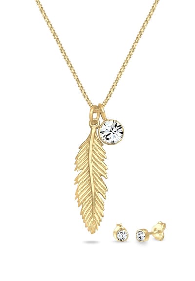 Elli - Sieraden Set - Sieradenset Dames Veer hanger Pantserketting Glaskristallen Xirius-geslepen Wit 925 Sterling Zilver 45 cm -