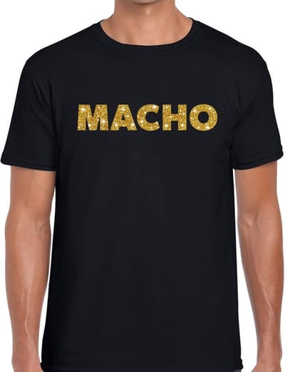 Macho tekst - in goud glitter - t-shirt - zwart - heren - foute party kleding S