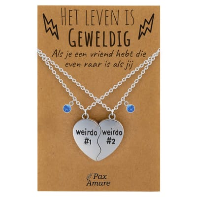 BFF Ketting voor 2 'Het leven is geweldig met een vriend zo raar als jij' - Weirdo's Hartje - Vriendschapsketting op Cadeau Kaartje - 45cm + 5cm verstelbaar - Zilverkleurig - Best Friends Hanger - Pax Amare