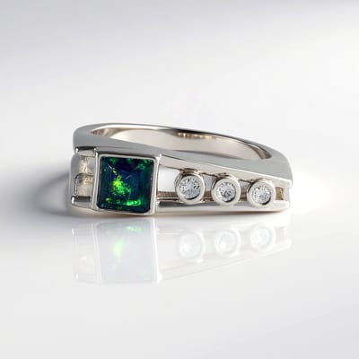 Cavill - Zilveren ring met Mezezo Opaal 0 336 ct en Cambodjaanse Zirkoon 0 113 ct - 925 Sterling Zilver Geplatineerd - Elegant Vierkant Design