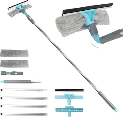 Famanu - Telescopische raamreinigerset (170 cm), 2-in-1 professionele raamtrekker met siliconen lip en microvezelwisser, geschikt voor glas, auto en keuken