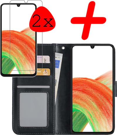 Hoesje Met 2x Screenprotector - Geschikt voor Samsung Galaxy A33 - Luxe Pasjeshouder - Bookcase Portemonee - Flip Case - Kunstleer Book Case - Flipcase Hoes - Book Cover - Walletcase - Portemonneehoes - Zwart