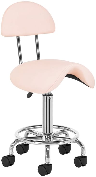 Ergonomische Cosmetische Zadelkruk met Rugleuning 6001 – Kapperskruk in Hoogte Verstelbaar – Werkkruk voor Salon, Pedicure en Nagelstudio – Roze met Zilver Onderstel