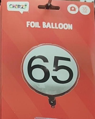 Folie ballon gekleurd | 65 jaar | 35 cm | dubbelzijdig bedrukt | zwarte cijfer 65 | helium geschikt