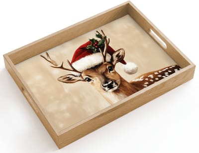 Dienblad hout 40x30 cm - Schootdienblad - Kerst - Hert - Gewei - Rood - Borrelplank rechthoek - Plateau dienbladen