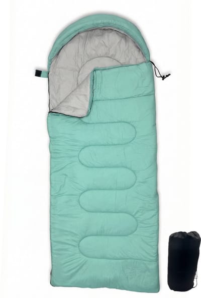 Lichtgewicht Slaapzak 1kg voor Kinderen - Compacte Envelop Slaapzak met Capuchon - 170x70 cm - Waterafstotend 380T Nylon - 4 Seizoenen - Machine Wasbaar - Ideaal voor Kamperen, Logeren & Wandelen - 2×Wegs Rits Inclusief Compressiezak - Muntgroen