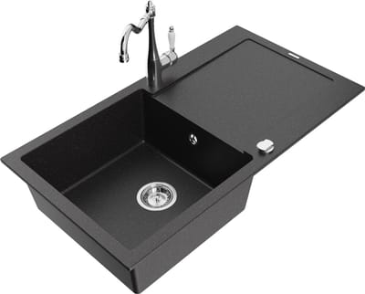 Mexen Leo granieten gootsteen 1-komorie met afdruipplaat en keukenmengkraan Carla, zwart/zilver metallic - 6501-73-670700-00