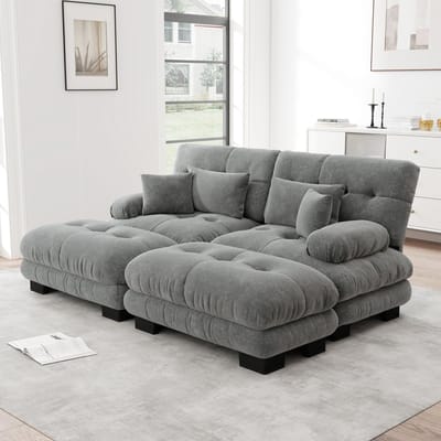 REDOM Modulaire Bank - Met Ottomans & Brede Armleuningen - Diepe Zitting - Voor Woonkamer - Chenille - Grijs - 220x145x81 cm
