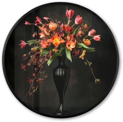 Poster in lijst Rond - Fotolijst 60x60 cm - Posters - Sierlijk - Boeket - Vaas - Ronde posterlijst zwart - Decoratie - Wanddecoratie woonkamer - Muurdecoratie slaapkamer