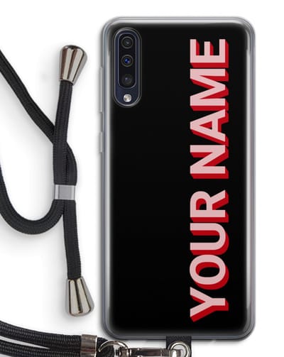 Gepersonaliseerd - Case Company® - Hoesje met koord geschikt voor Samsung Galaxy A50 hoesje met Koord - Namecase - Telefoonhoesje met Zwart Koord - Bescherming aan alle Kanten en Over de Schermrand