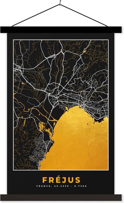Posterhanger incl. Poster 40x60 cm - Schoolplaat - Kaart – Fréjus - Plattegrond – Frankrijk – Stadskaart - Textielposter - Zwarte latten - Stadskaart