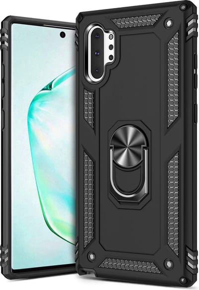 HB Hoesje Geschikt voor Samsung Galaxy Note 10 - Anti-Shock Hybrid Armor Back Cover - Hoes met Kickstand Ring - Zwart
