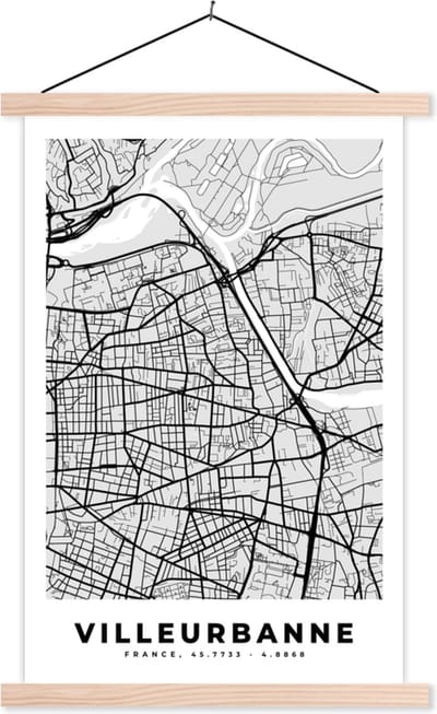 Posterhanger incl. Poster 40x60 cm - Schoolplaat - Frankrijk - Villeurbanne - Stadskaart - Plattegrond - Kaart - Textielposter - Blanke latten - Stadskaart