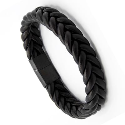 Victorious Gevlochten Leren Armband Heren – RVS Roestvrijstaal Sluiting – Zwart – 19.5cm