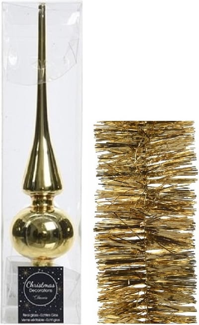 Kerstversiering glazen piek glans 26 cm en folieslingers pakket goud van 2x stuks - Kerstboomversiering