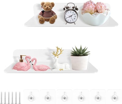 Set van 2 Witte Drukloze Wandplanken, Zwevende Planken voor Muur, Zelfklevende Planken voor Thuisdecoratie en Opberging