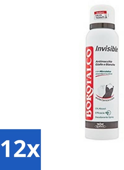 Borotalco - Deodorant Spray - Invisible - Barrier Effect Talc - 0% Alcohol - 150 ml - Voordeelverpakking - 12 stuks