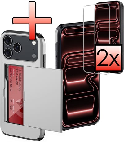 Hoes Geschikt voor iPhone 17 Pro Hoesje Pasjeshouder Hard Cover Met 2x Screenprotector Shock Proof Hard Case Hoes Met Kaarthouder - Grijs