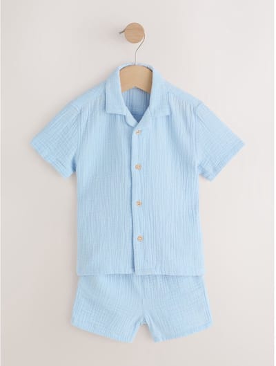 Next - Jongens - Set van shirt met korte mouwen van dubbele stof en short - Blauw