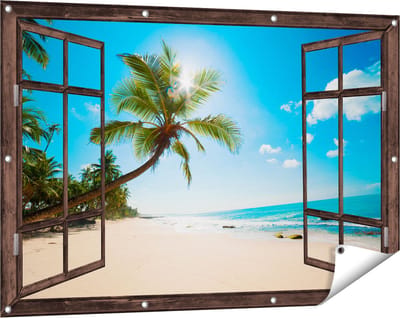 Gards Tuinposter Doorkijk Tropisch Strand en Zee in Sri Lanka - 120x80 cm - Tuindoek - Tuindecoratie - Wanddecoratie buiten - Tuinschilderij