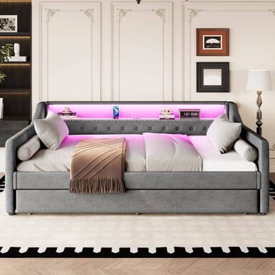 Wishdor Dagbed met Uitschuifbed - Eenpersoonsbed 90x200 cm - Grijs Linnen - met App-gestuurde LED Verlichting & USB - Capitonné Design - 150 kg