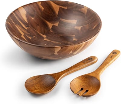Houten Saladeschaal Set van Acaciahout, Grote Saladeschaal met Serveerlepels, 3-delige Set, D30 x 10 cm, Perfect voor Gezonde Maaltijden