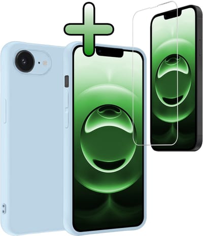 Hoesje Met Screenprotector - Geschikt voor Apple iPhone 16e - Sterk & Shockproof - Back Cover - Siliconen Case - Telefoon Hoes - Lichtblauw