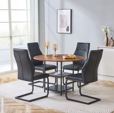Set Tafel En Stoelen - Ronde Eettafel Met 4 Stoelen - Dubbele Opbergruimte En Ergonomisch Comfort - Voor Eethoek En Keuken - Hout Metaal Zwart Walnoot