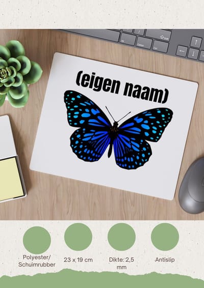 Akyol - blauwe vlinder met eigen naam Muismat - Vlinder - dieren liefhebber - iemand die houdt van vlinders - verjaardag - cadeau - kado - geschenk - 23 bij 19 cm