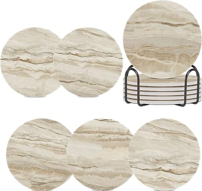 iBright Onderzetters voor glazen - Set van 8 met houder - Absorberend - Rond - Beige - Marble - Marmer Design - Coasters
