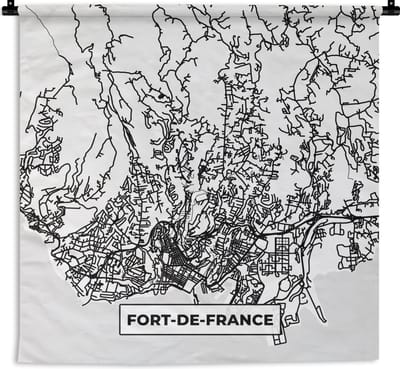 Wandkleed - Wanddoek - Frankrijk Fort-de-France - Plattegrond - Stadskaart - Kaart - Zwart wit - 180x180 cm - Wandtapijt