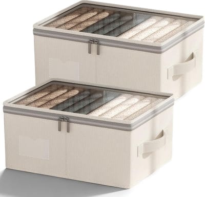 Opvouwbare Opbergdozen met Deksel, Robuuste Opbergmanden voor Kleding en Dekens, Onderbed Boxen met Handvatten, 40 x 30 x 20 cm, Beige, Set van 2